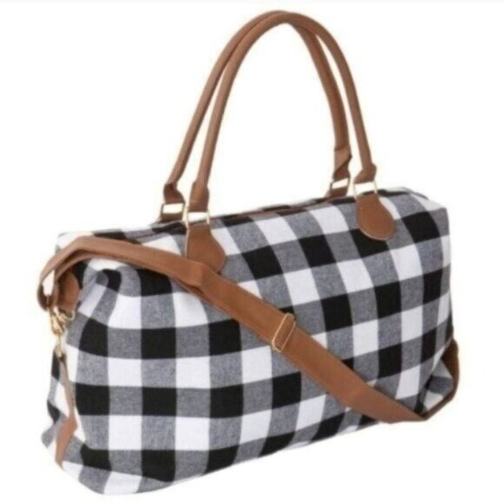Black & White Buffalo Plaid Weekender Bag With Faux Leather Handles & Adjustable